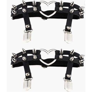 Spiked Studded Rivet Black Leather Elastic Garter Leg Thigh Belt Chain For Women